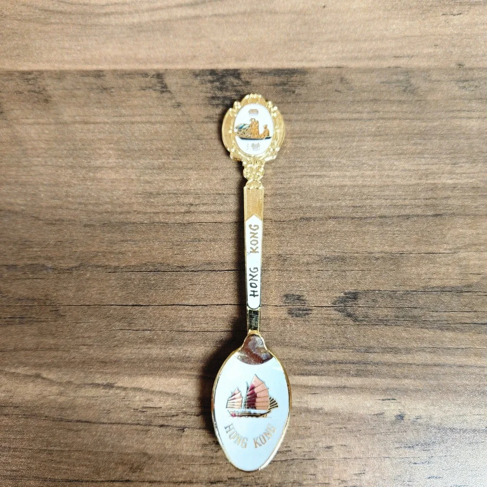 Vintage Hong Kong Souvenir Spoons Gold Tone Set of 2 Black White